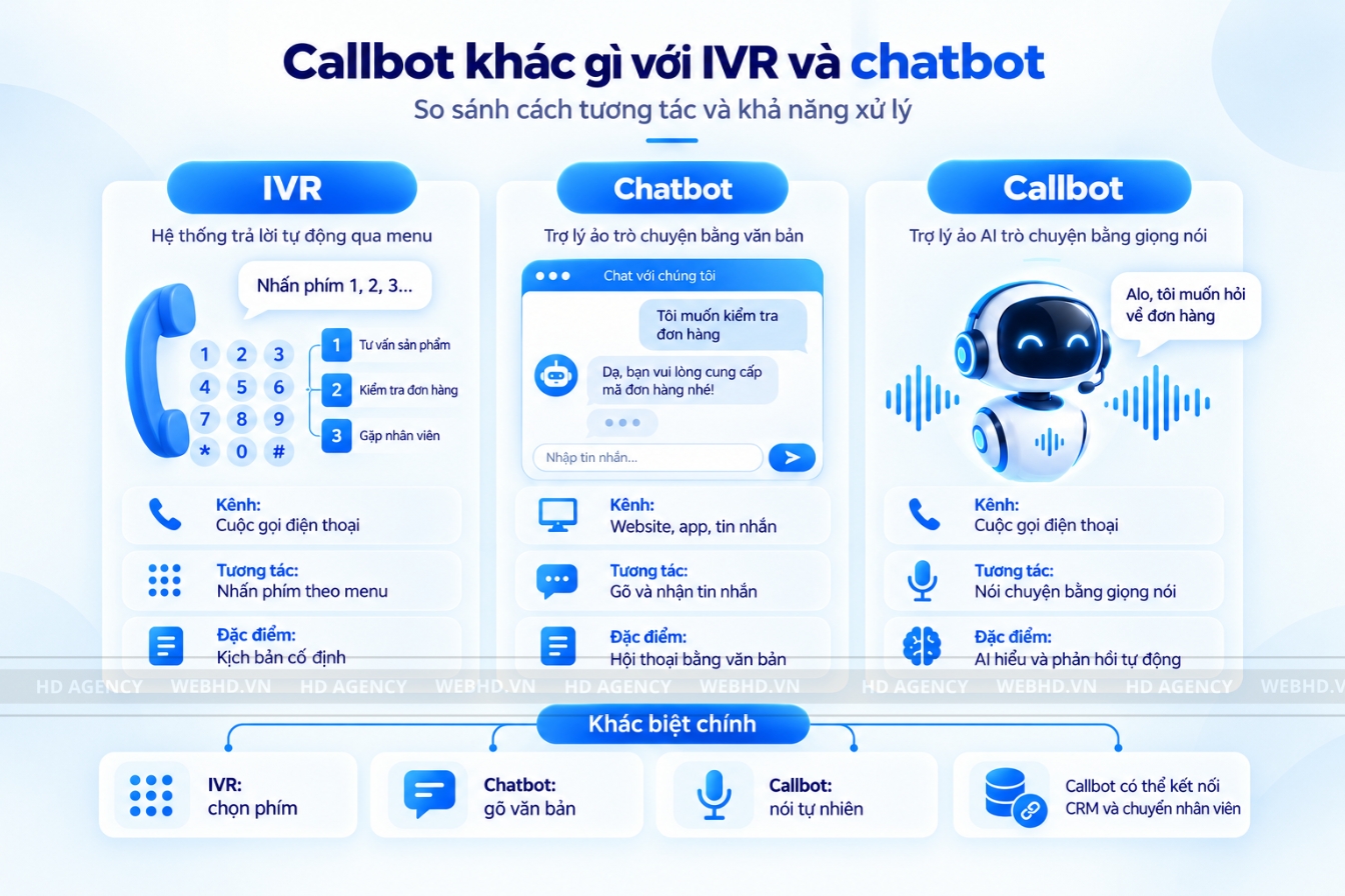 Callbot khác gì với IVR và chatbot