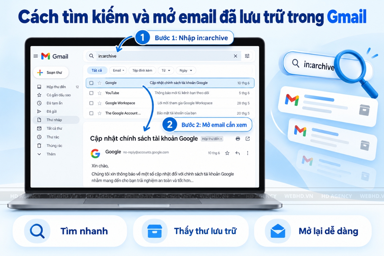 Cách tìm kiếm và mở email đã lưu trữ trong Gmail